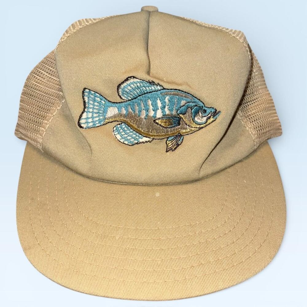 Vintage Fish Hat Cap Snap Back Beige Mesh Trucker Mens One Size 80s Fishing